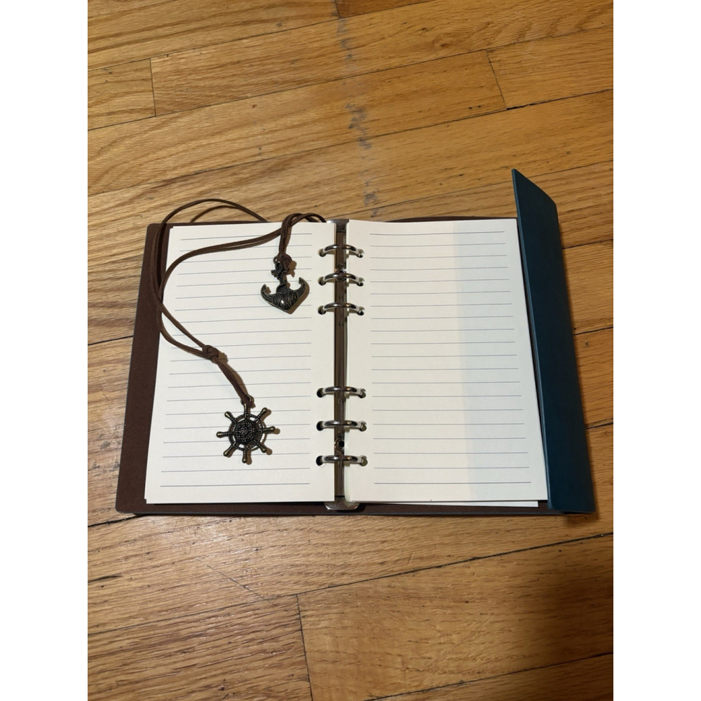Trifold Teal Leather Journal Cover Refillable Binder Compass With Cord Charms